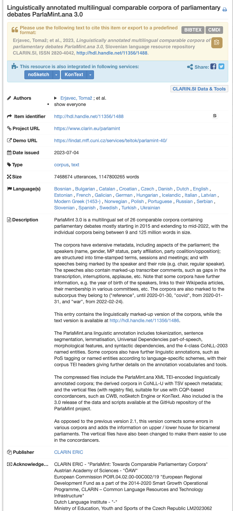 example metadata for a language dataset