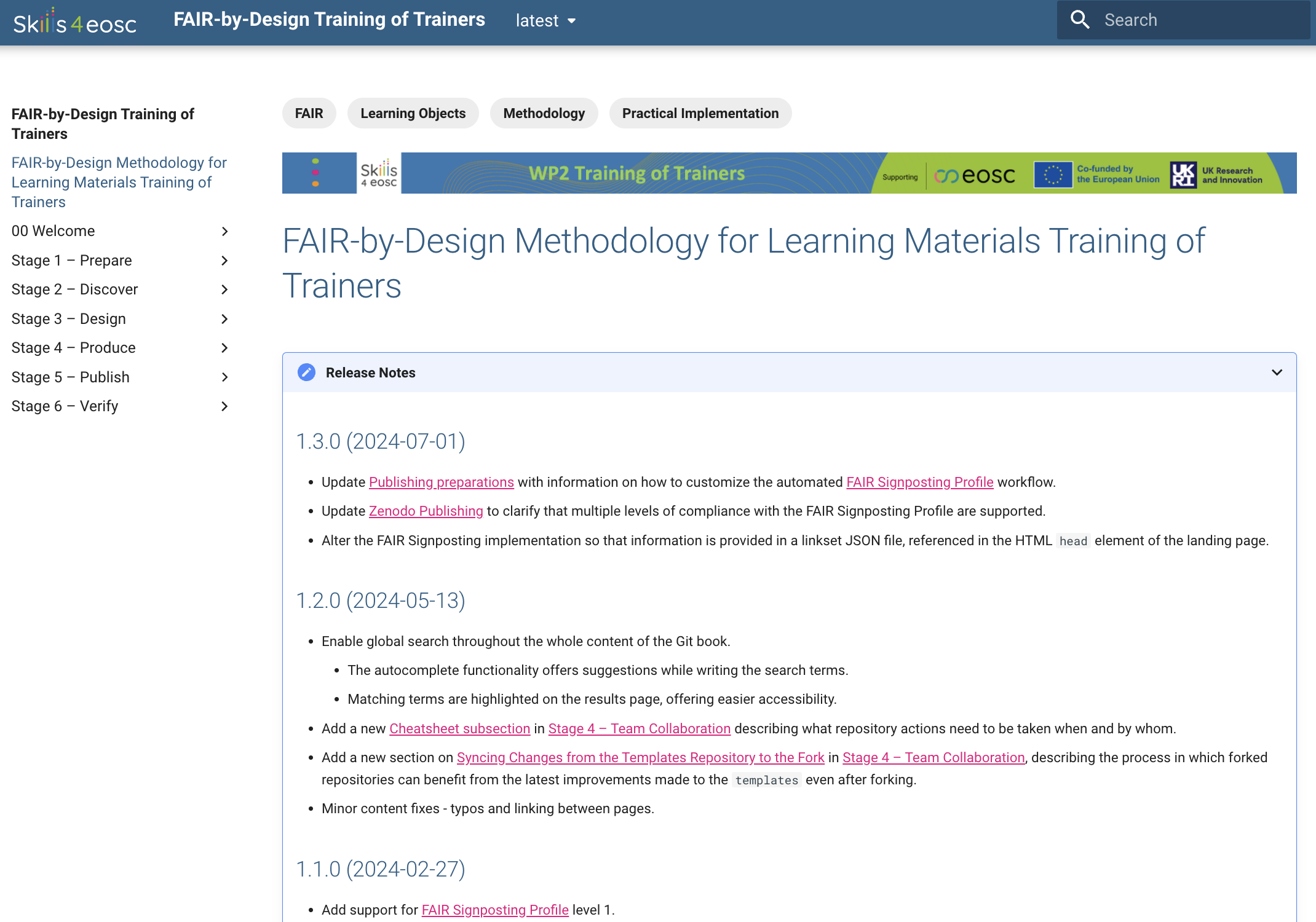 Screenshot of the release notes for the FAIR-by-Design Training of Trainers