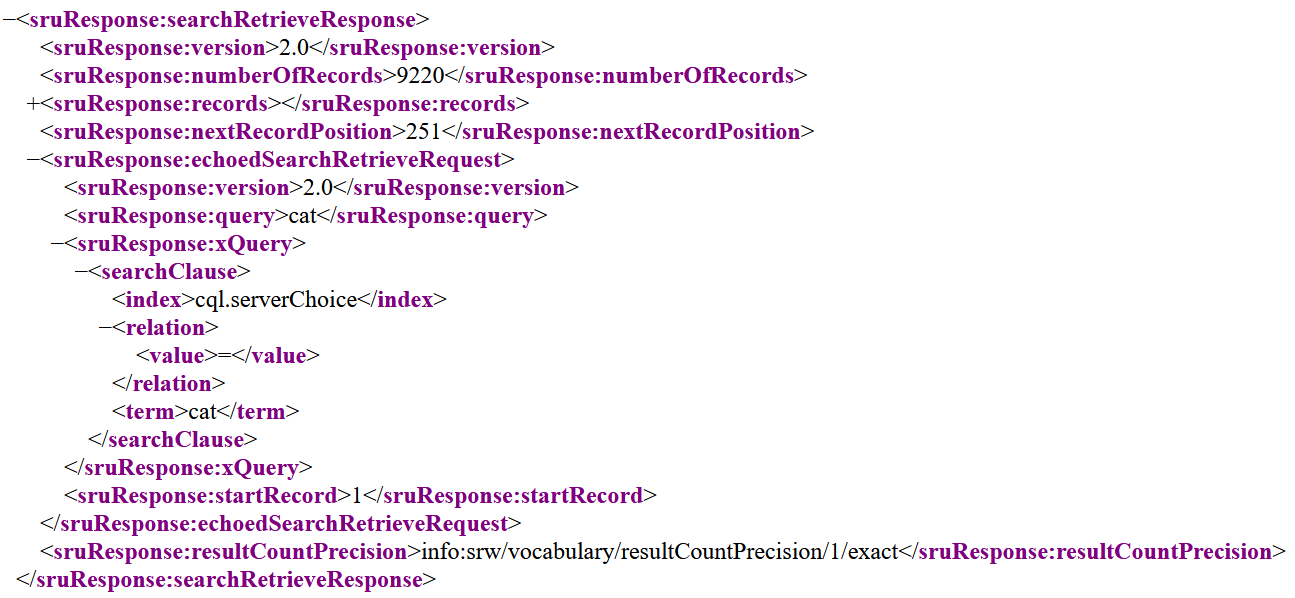 Response XML for CQL search for "cat"